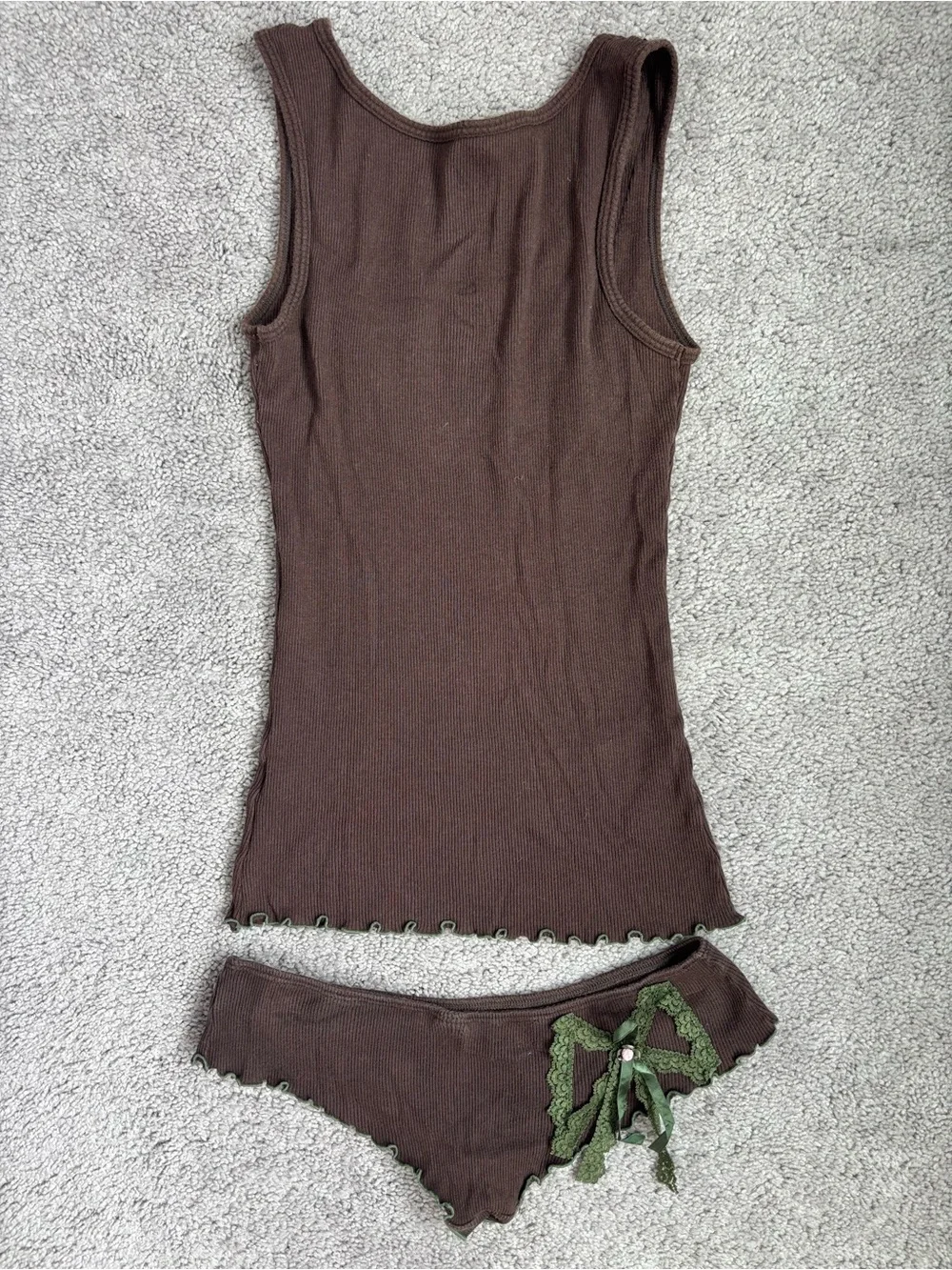Vintage Y2K Baby Phat Lace Pajama Set Brown Green Small 2 Piece Set Ribbed Cami